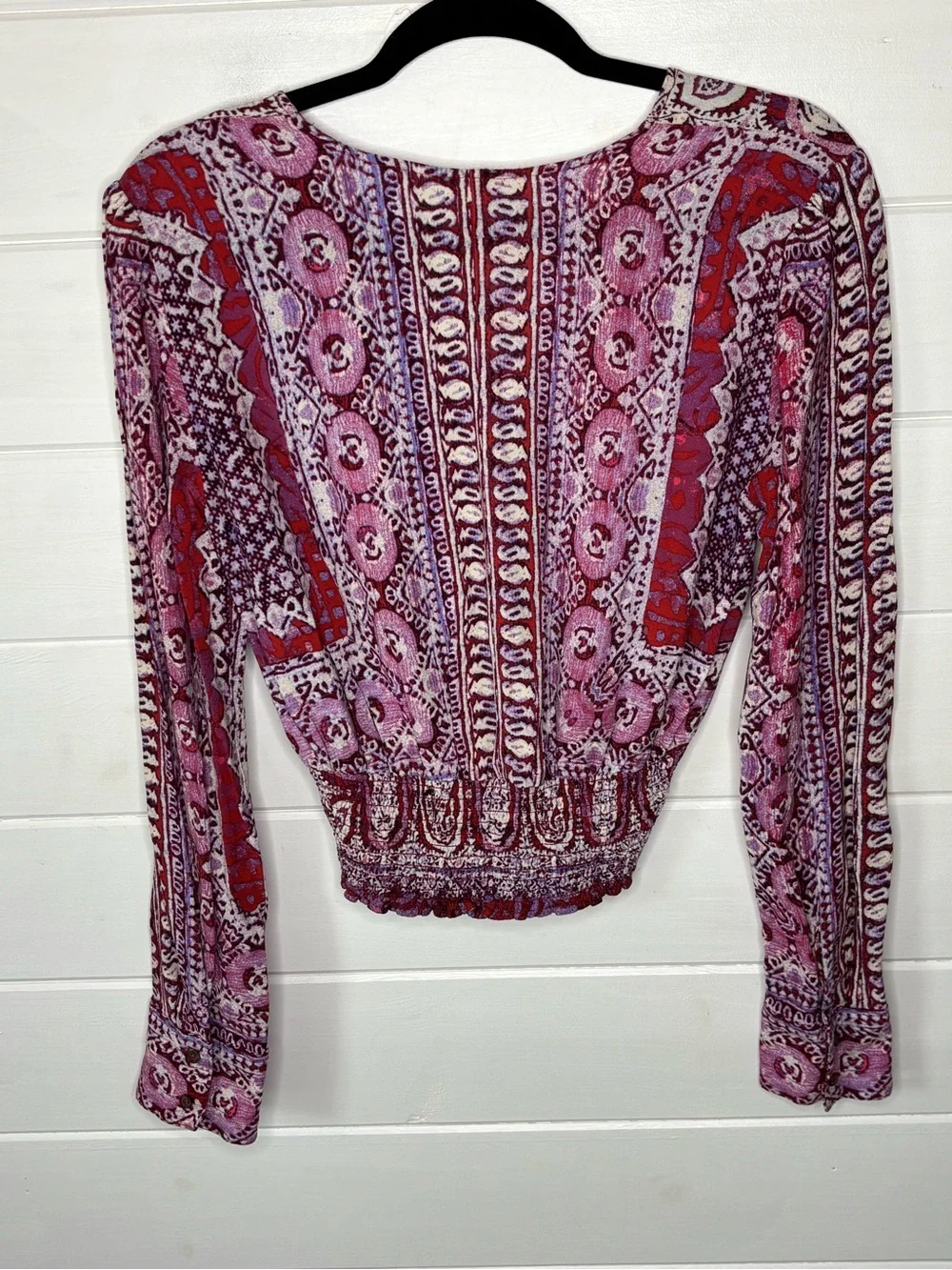 Free People Paisley Boho Deep V Smocked Top S/M Long Sleeve